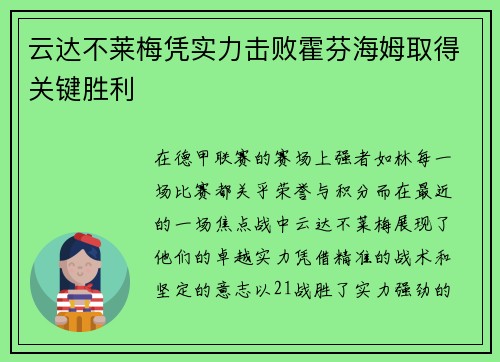 云达不莱梅凭实力击败霍芬海姆取得关键胜利
